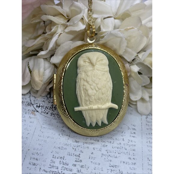 Ylw Gold Photo Locket Necklace Birthday Gift Green Owl Barn Tree Hoot Fall Mom - Picture 4 of 10